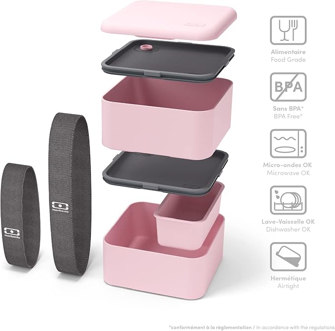 monbento - Large Bento Box MB Square Litchi with Compartments Made in France - Sustainable and Smart - Leakproof Lunch Box for Work and Meal Prep - BPA Free - Food Grade Safe - Pink