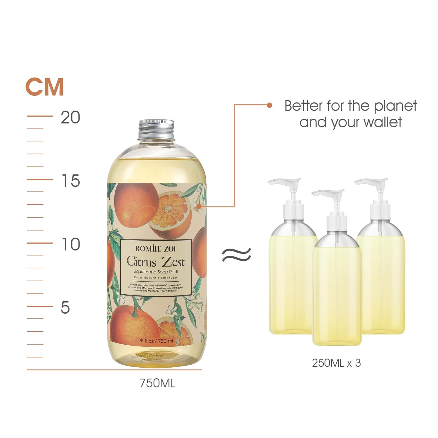 ROMIIE ZOI Liquid Hand Soap Refill Gift Set - 3 Pack (26 Fl Oz Each), Citrus Zest Scent - Moisturizing, Biodegradable & Cruelty-