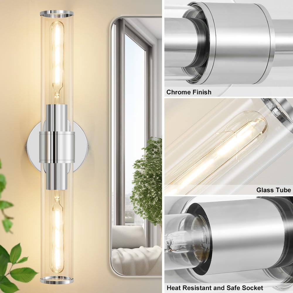 Vaziden Chrome Wall Sconce  Bathroom Light Fixtures In Clear Glass Indoor Wall Sconces  Modern Sconce Wall Lighting Up And Down Vanity Lights Fixtures For Bathroom Living Room - Bulb Not Included