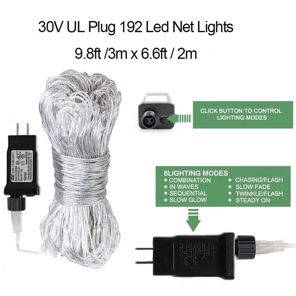 woohaha LED Fairy String Lights, 192 LEDs, 9.8ft x 6.6ft, 30V Safe Voltage, Blue & White, Model QX-U-O-N-