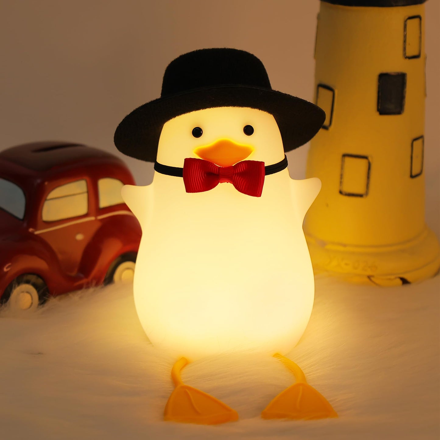 Hinittey Benson Gentleman Duck Night Light - Cute Duck Lamp With Black Hat& Bow Tie  Warm Dimming Light & Timer For Room  Birthday  Xmas  Baptism Gifts For Baby Boys & Girls