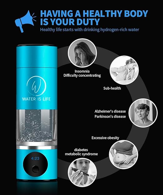 WATER IS LIFE Premium Waterproof Hydrogen Water Ionizer Bottle with LED Light, Magnetic Charging Port, 6000 ppb Hydrogen Content, SPE Electrolysis Technology, Bottom Vent to Discharge Gases (Blue)