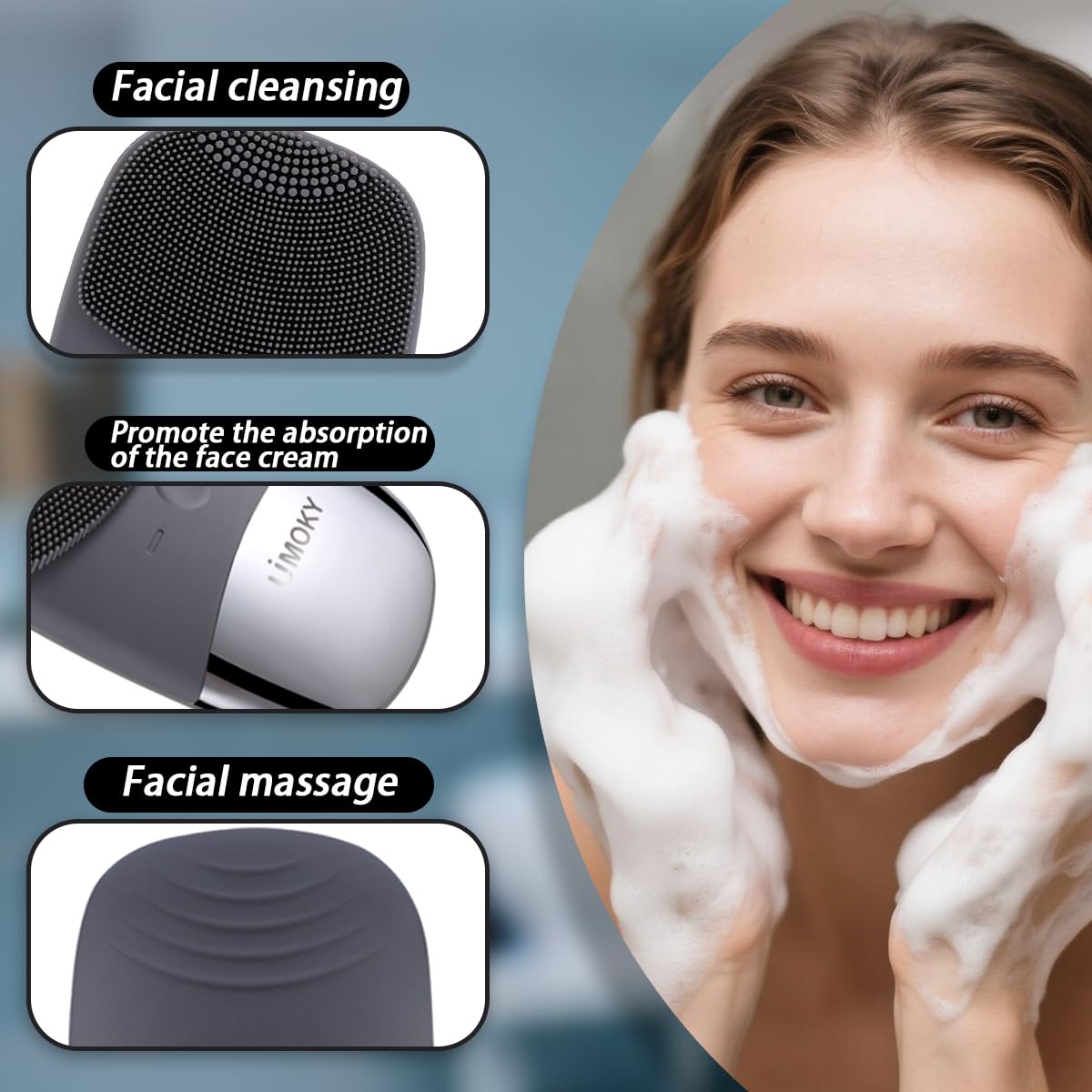 Facial Cleansing Brush, 3-in-1 Electric Silicone Face Scrubber, Vibrating Massager, IPX7 Waterproof, USB Rechargeble Pore Brush