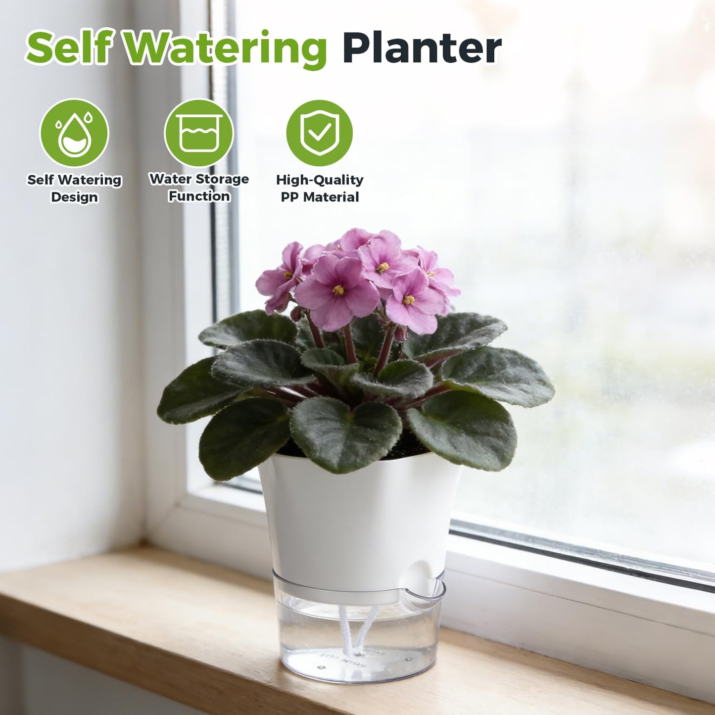 10-Pack 4.33" Clear Self Watering Pots for Indoor Plants Large Hexagon Self-Watering Planters Orchid Pots Plastic Wick Flower Plant Pots for African Violet, Spider, Herbs, Home Decor, White and Clear