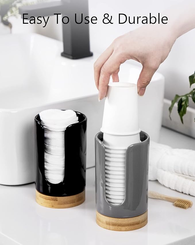 Ceramic Bathroom Cups Dispenser - 3-5 oz Disposable Paper & Plastic Cups Holder - Mouthwash Cups Dispenser for Countertop, Guest Toiletries - BPA Free (Grey, 2 Pack)