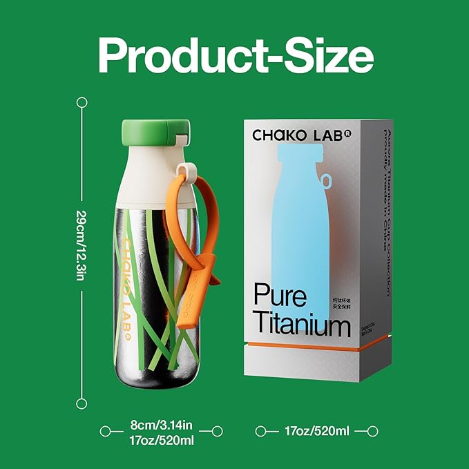CHAKO LAB Ti material Water Bottle with Two Strap | BPA-Free Leak Proof | 17oz Bottle with Spout Lid & Straw | Grass