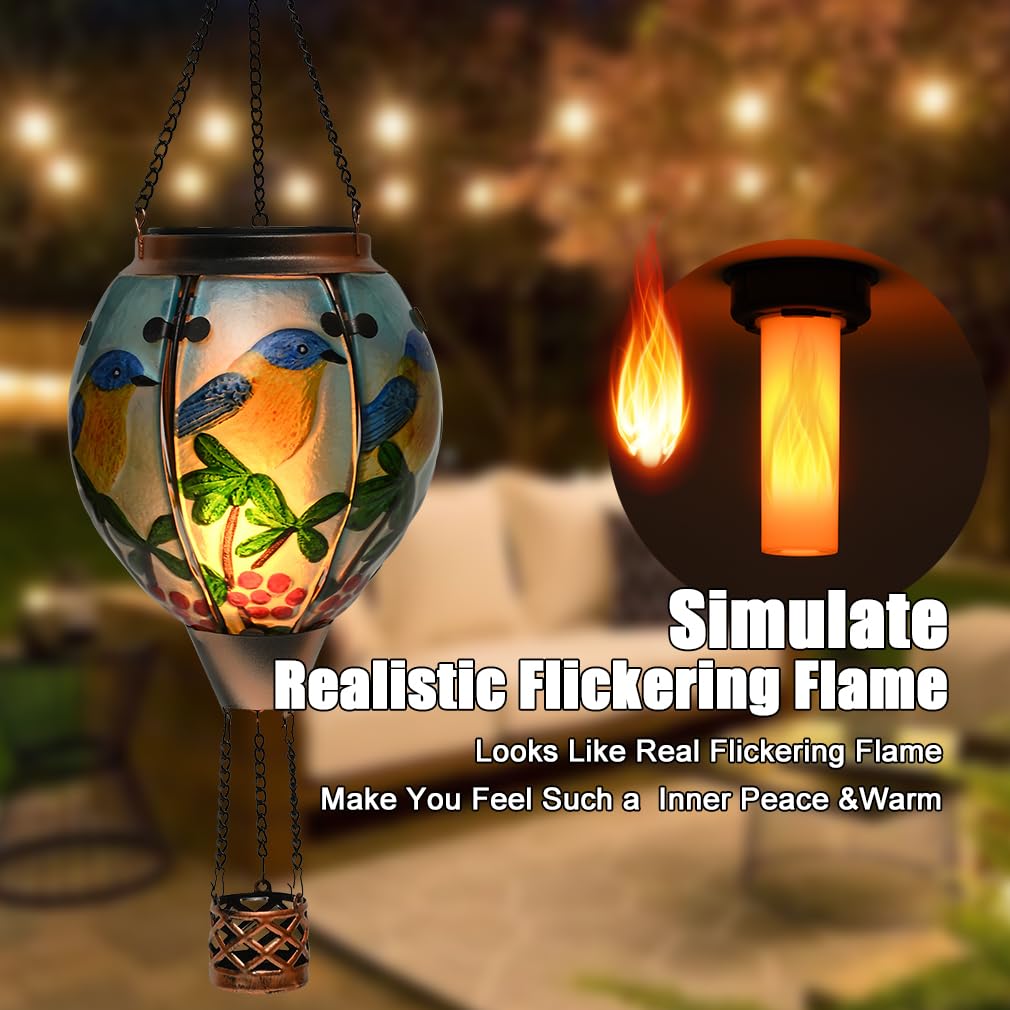 Hot Air Balloon Solar Lantern - Bluebird Glass Lantern  Simulated Flickering & Dancing Flame  Outdoor Hanging Yard Light Waterproof Ip65 For Patio Lawn Porch Decor Gift