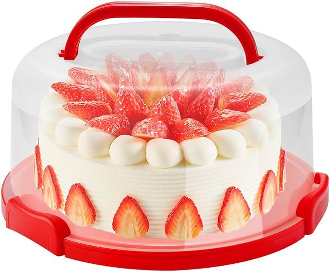10Inch Cake Stand Carrier with Lid and Handle Storage Container Keeper Plastic Tall Transport Travel Cake Saver Holder with Cover Pie Bundt Round (Red)