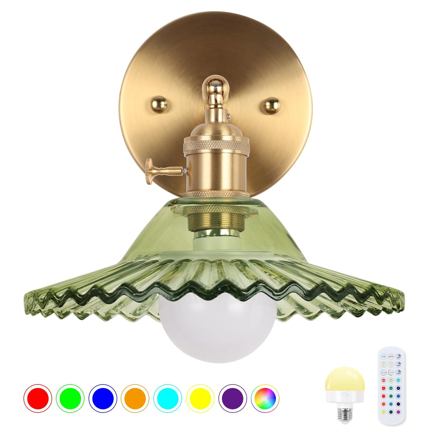 EIDEARAY Battery Operated Wall Sconce - Vintage Green Flower Glass - Remote Control - Ideal for Bedroom, Living Room, Hallway