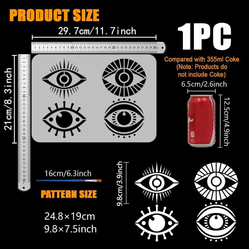 FINGERINSPIRE Devil's Eye Stencil with Paint Brush 8.3x11.7inch 4 Styles Evil Eyes Pattern Drawing Template Reusable Evil Eyes Pattern Stencil for Painting on Wall, Canvas, Tile, Furniture