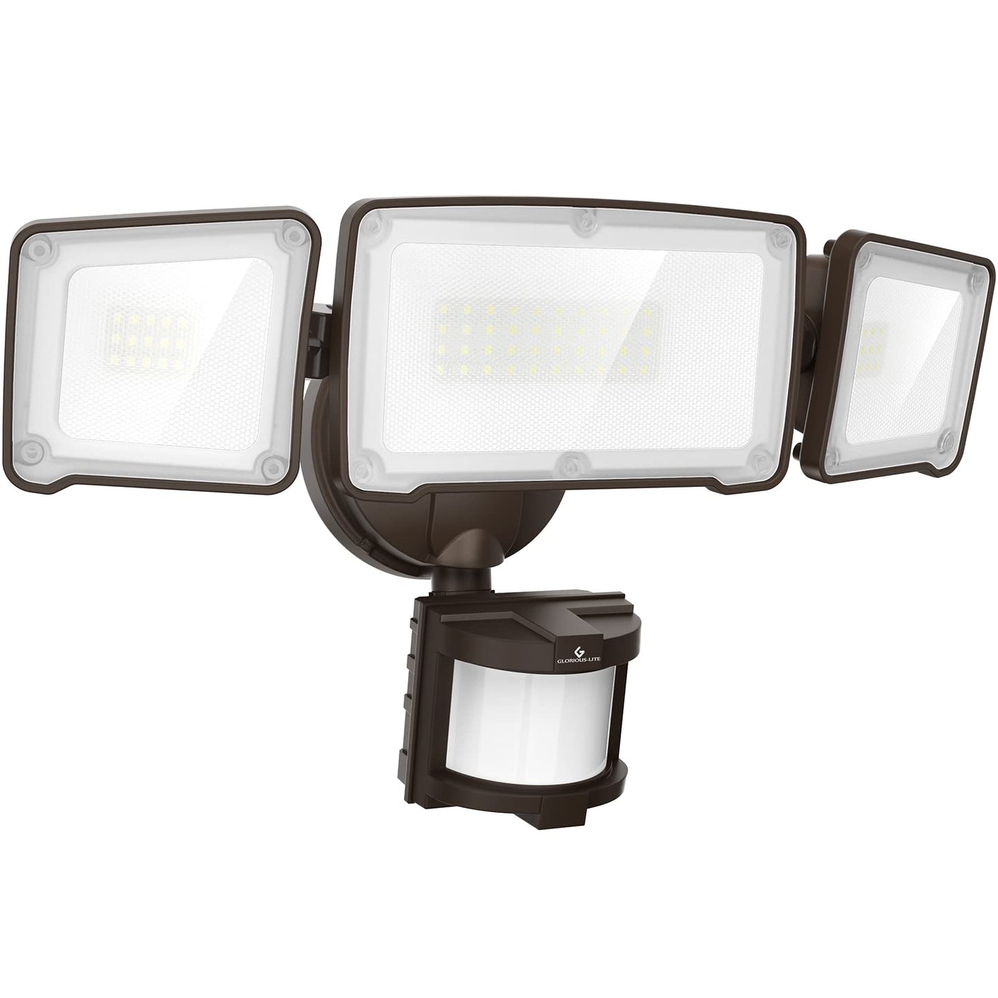 GLORIOUS-LITE LED Security Light, 35W 3500LM, Motion Sensor, 3 Adjustable Heads, IP65 Waterproof, Brown, Model YY02A-BR