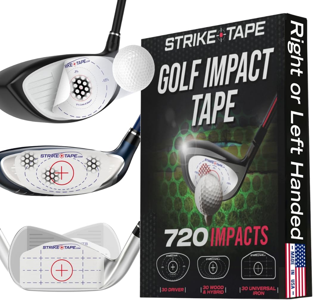 Strike tape golf impact tape Rght/Left hand USA Mfg. 720 impacts, Driver/Irons/Hybrids. Absolute clean-release adhesive for no harmful residue on clubface. Know your ball contact and improve your game