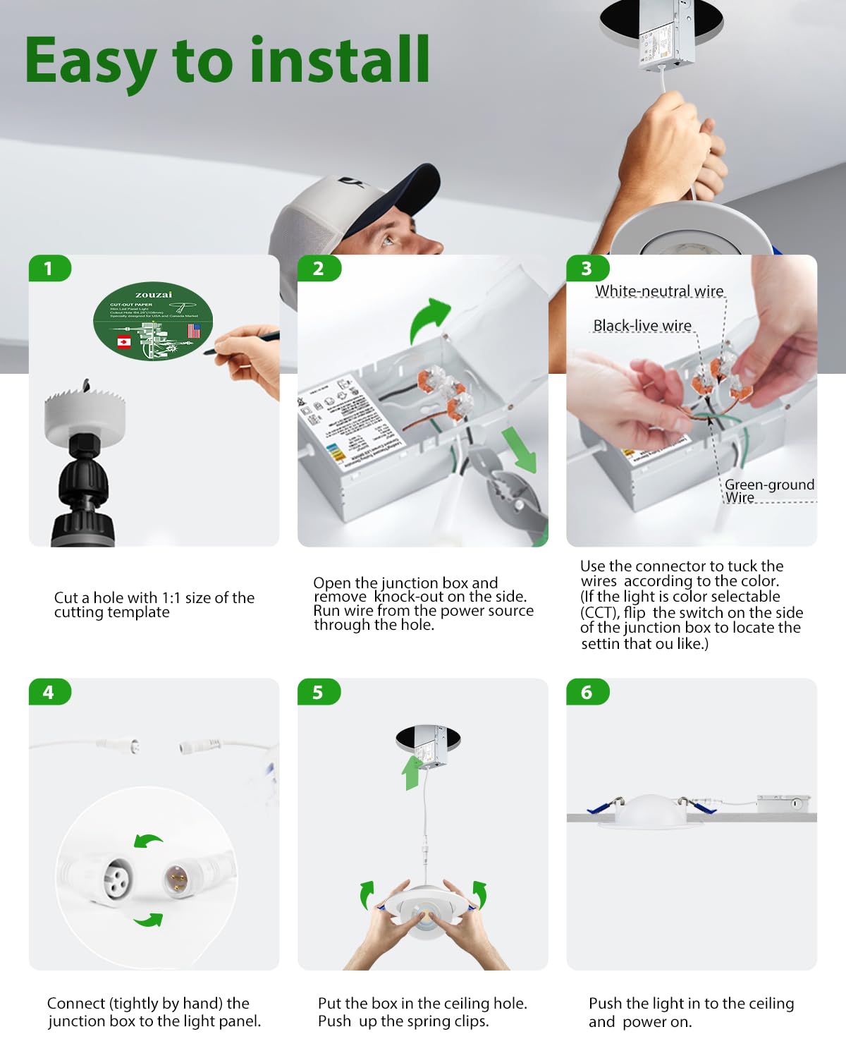 Zouzai 4 Inch 5Cct Gimbal Led Recessed Lights  360+90 Adjustable Directional Recessed Lighting  2700K/3000K/3500K/4000K/5000K Dimmable Retrofit Eyeball Can Lights With Jbox  Etl(White  6 Pack)