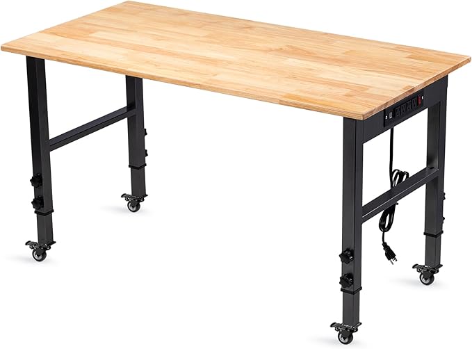 GVGBUK 48" Height Adjustable Workbench, 2000 LBS Load Capacity Rubber Wood Top Workstation, Heavy-Duty Hardwood Worktable ...