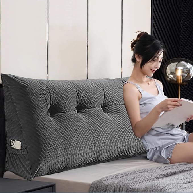 Gradient Velvet Triangular Wedge Pillow, Removable Cover Headboard Pillow for Daybed, Backrest Positioning Support Pillow Cushion Resting Reading Relaxing (Beige, Queen(59 * 20 * 8in))