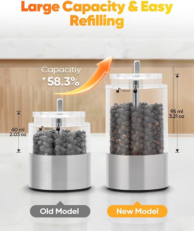 Electric Salt and Pepper Grinder Set with LED Light, Rechargeable Salt and Pepper Shakers with 5 Adjustable Coarseness, Upgraded Large Capacity, Stainless Steel, Storage & Charging Base