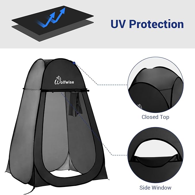 WolfWise Portable Pop Up Privacy Shower Tent, Spacious Changing Room, Dressing Room, Sun Sunshade Canopy Outdoor Rain Shelter, Backpack Privacy Shelters for Camping, Hiking, Beach, Toilet, Black