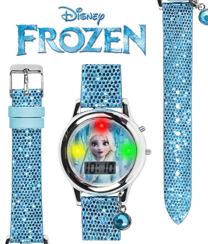 Disney Frozen 2 Elsa & Anna Kids Digital Watch with Glitter Strap and Stone Charm, Interactive LED Light Show, Easy-Read L...
