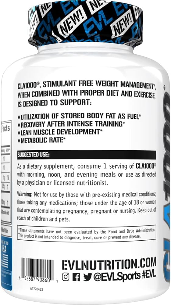 Evlution Conjugated Linoleic Acid CLA Pills - CLA 1000mg Diet Pills to Support Weight Loss Fat Burning Lean Muscle and Faster Metabolism - Stimulant-Free Safflower Based Fat Loss Support - 90
