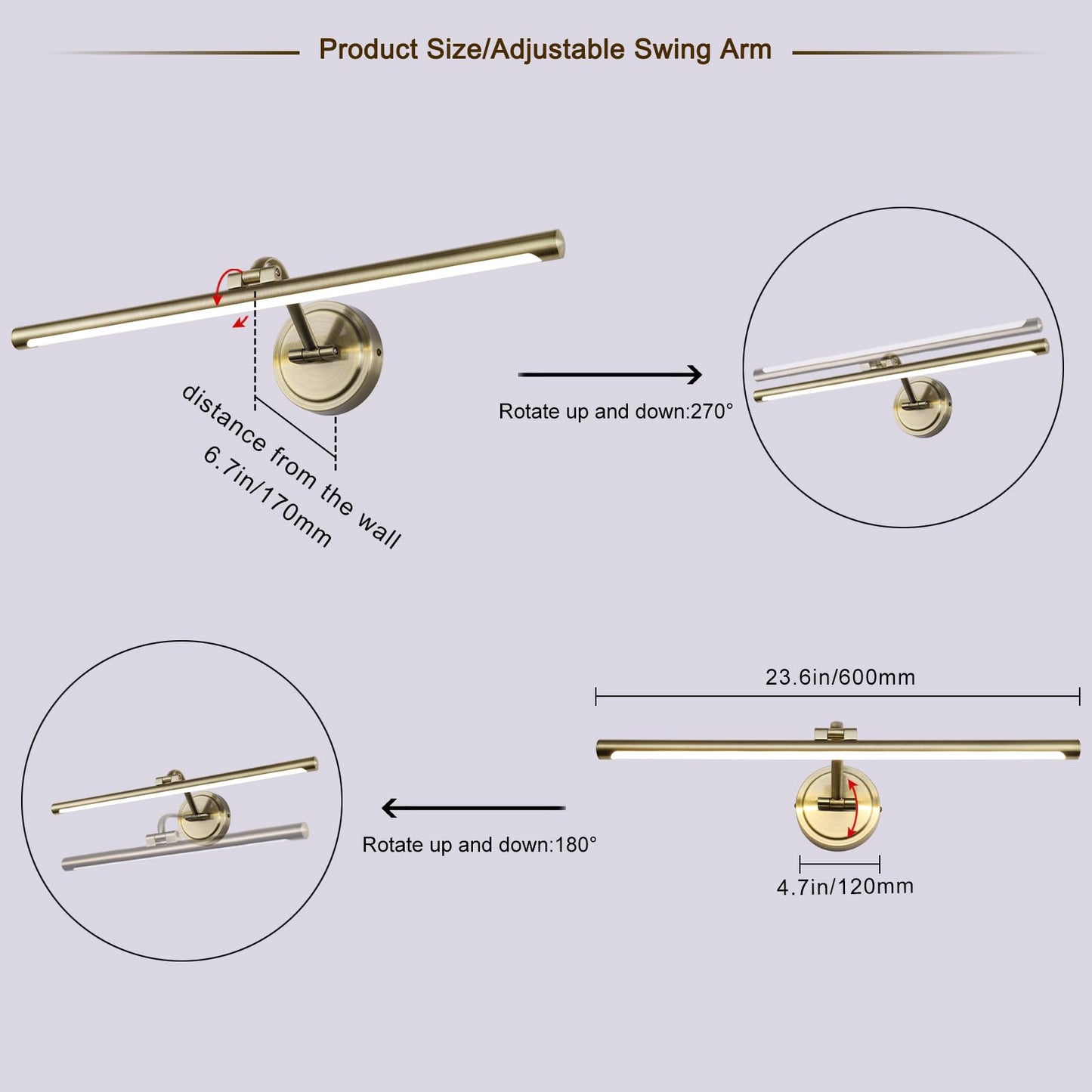 Hard-Wired Picture Lights 23.6 Inch Dimmable Led Wall Art Lighting Modern Gallery Light Poster Lights Adjustable Swing Arm Picture Frame Light For Display Art Work 14W 2700K  Warm White Antique Bronze