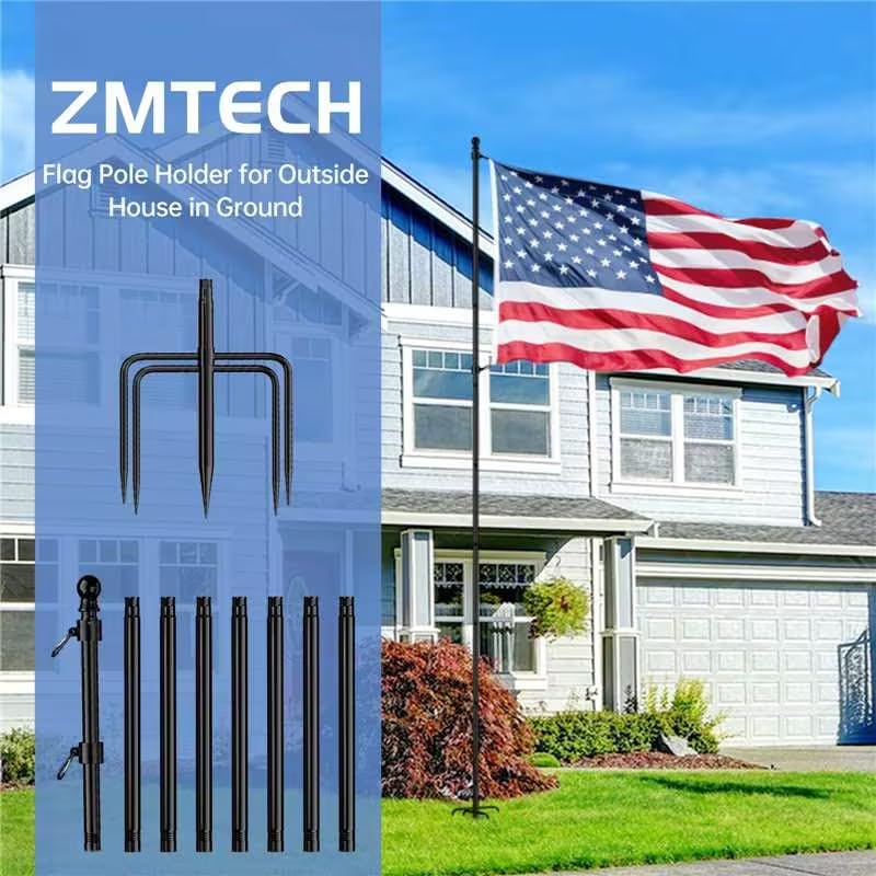 ZMTECH 10 FT Flag Pole in Ground, Heavy Duty Flag Pole Holder for Outside House with 5 Pronges Base, Extra Thick Flag Pole...