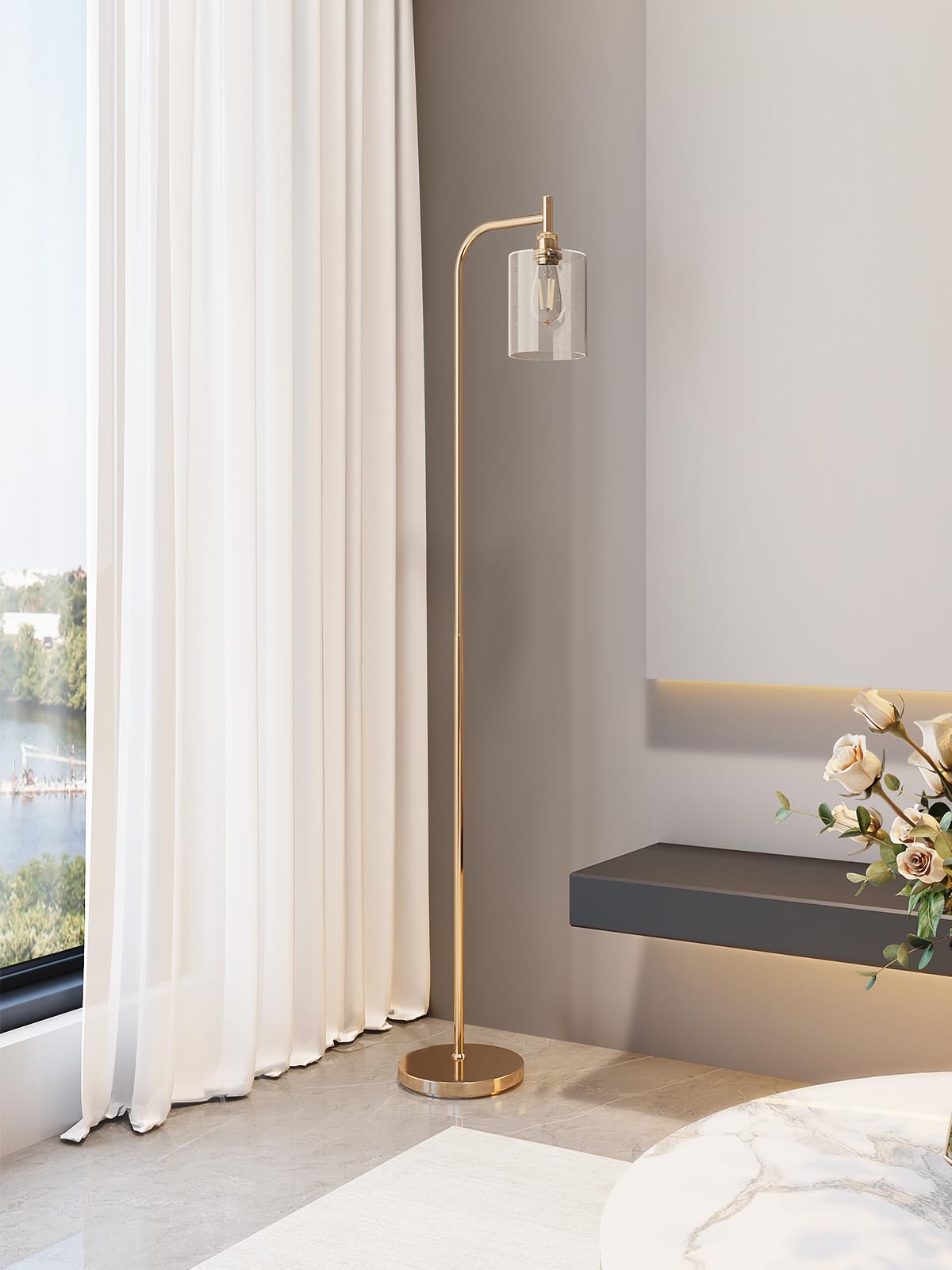 addlon Floor Lamp with Seeded Glass Shade, Brass Gold, Modern Design, LED Bulbs, Industrial Style for Living Room and Office