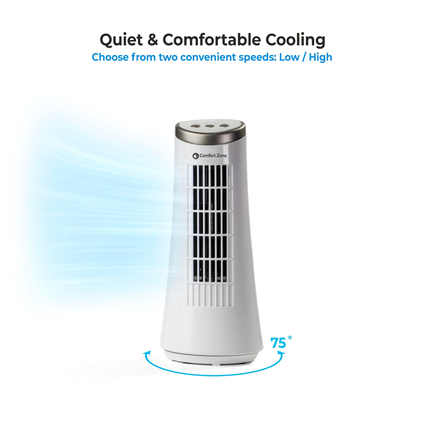 Comfort Zone 12-Inch Oscillating Desktop Tower Fan, Ultra-Slim Bladeless Design With 2 Speeds, Electronic Touch Controls & Carry