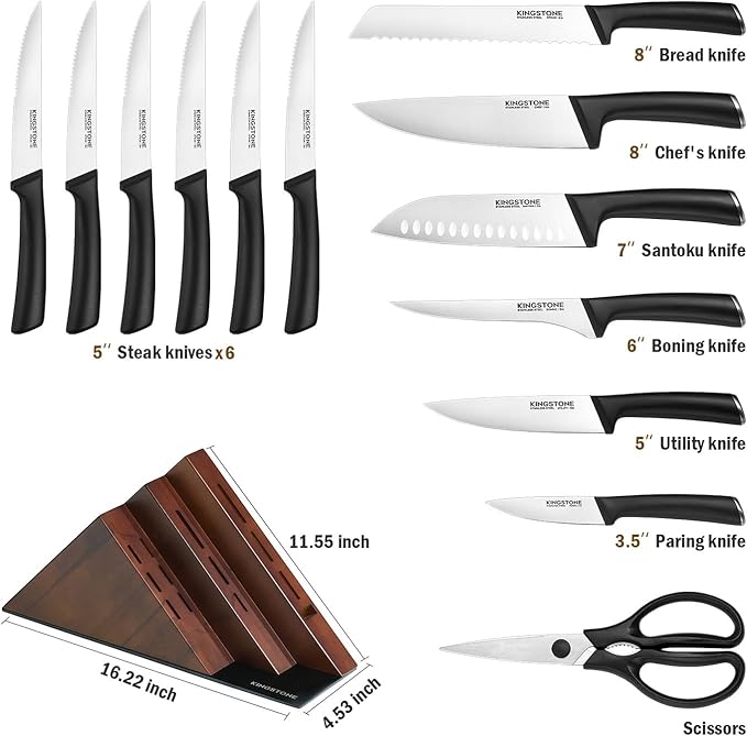 KINGSTONE 14-Piece Knife Block Set, High-Carbon Stainless Steel Knives with Ergonomic Non-Slip Handles, Ultra Sharp & Dishwasher Safe, Walnut