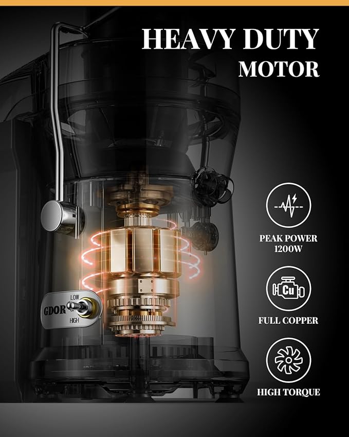 GDOR Powerful 1200W Juicer Machine, 3.2" Wide Chute, Titanium-Enhanced Blade, Heavy-Duty Copper Motor, Dual Speed Centrifugal Juice Extractor, BPA-Free, Silver