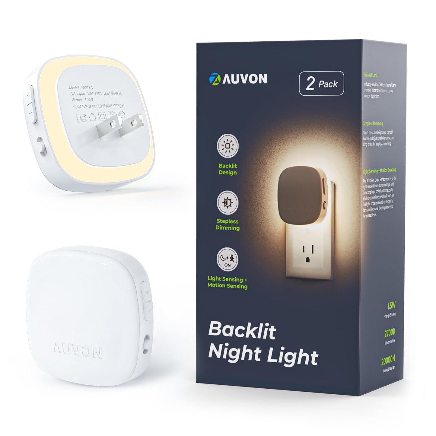 AUVON Plug-in LED Night Light with Motion Sensor, Dimmable Amber, 1-50 lm Brightness, Model N001A, 2 Pack