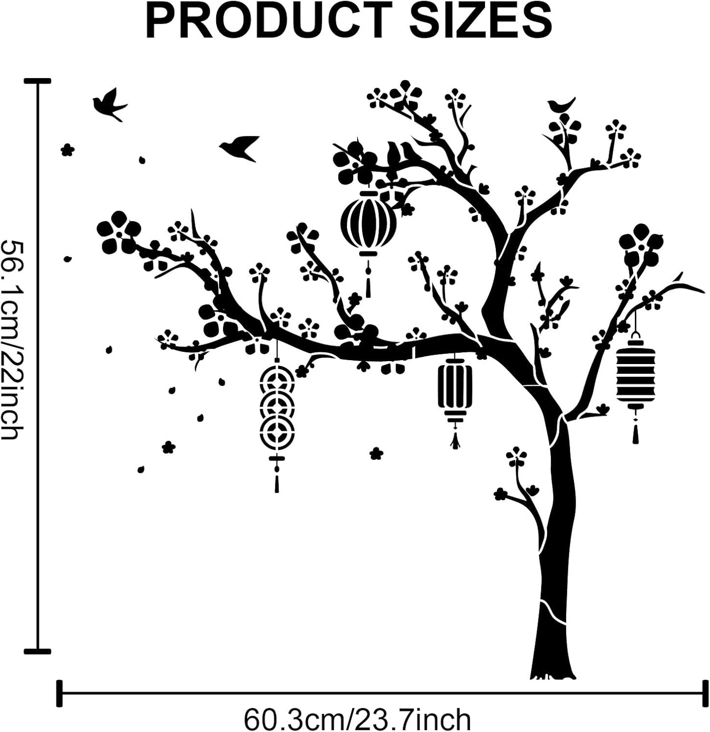 MAYJOYDIY 3pcs Chinese Style Tree Stencil 23.7×22 Splicing Large Traditional Flower Birds Tree Stencils with Paint Brush Spring Peach Blossom Lantern 11.8×11.8inch Template for Wood Walls Art Craft