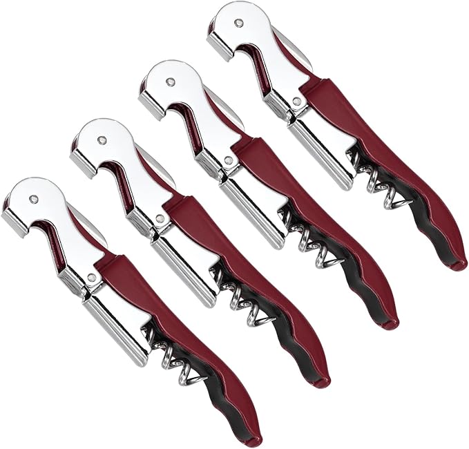 uxcell 4 Pcs 4.8" Stainless Steel Wine Opener, Waiter Corkscrew Professional Wine Key Bottle Opener with Double Hinged Foil Cutter for Bar Servers Waiter Bartender and Home, Burgundy