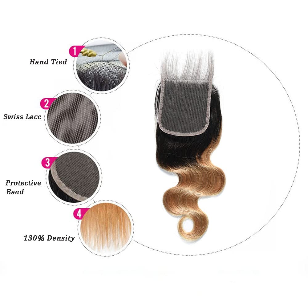 Ombre Lace Closure 4X4 Transparent Lace 14 Inch Free Part With Baby Hair Body Wave Closure For Women Pre Plucked Natural Hairlin