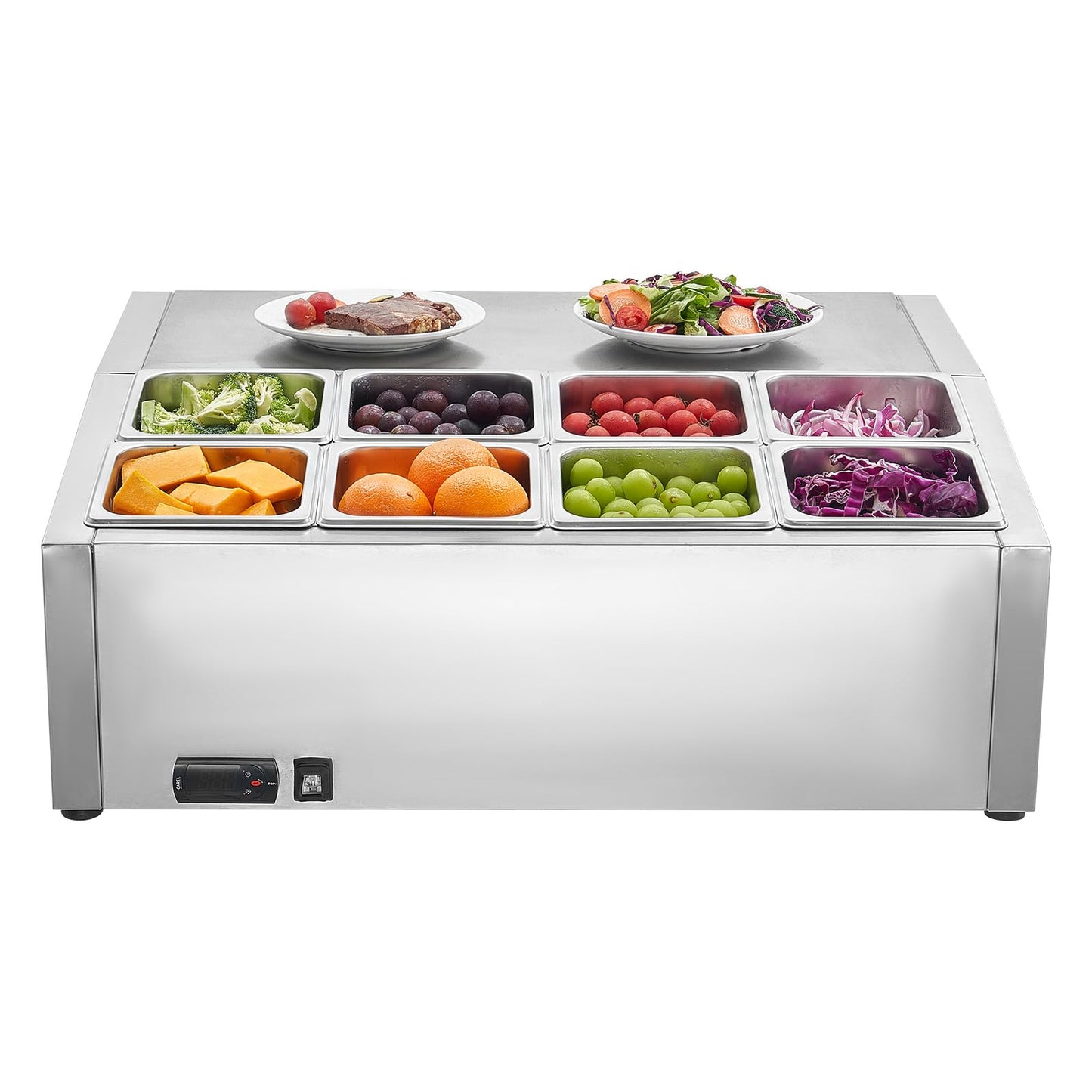 VEVOR Refrigerated Condiment Prep Station, 150 W Countertop Refrigerated Condiment Station, with Eight 1/6 Pans, 304 Stainless Body and PC Lid, Sandwich Prep Table, for Restaurant & Food Stall