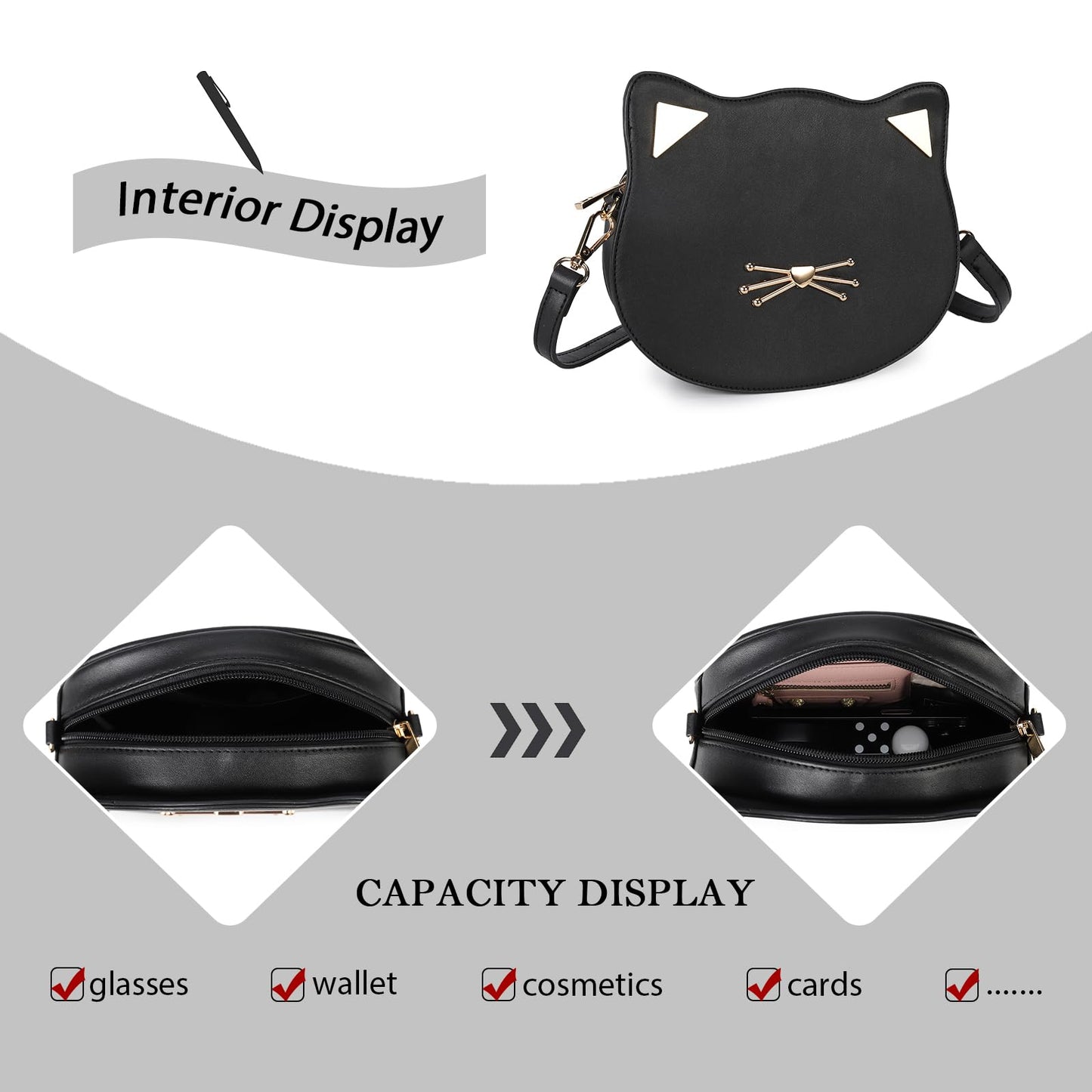 Gladdon Cat Crossbody Bag for Teen Girls Novelty Cute Purses Birthday Gifts Black