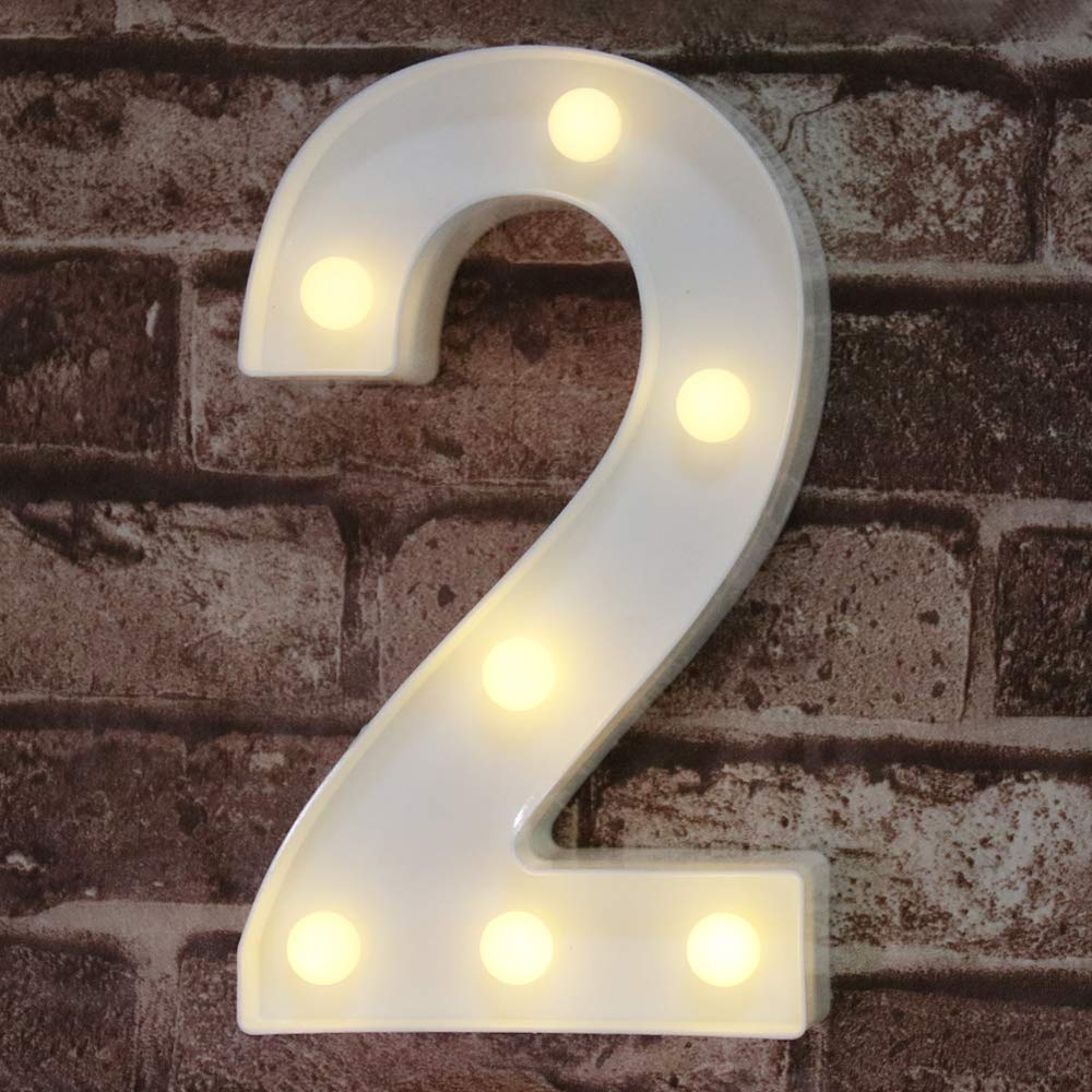 Pooqla Decorative LED Light Up Number Sign, Battery Operated, Warm White, Model JH-NB-02, Marquee Number 2