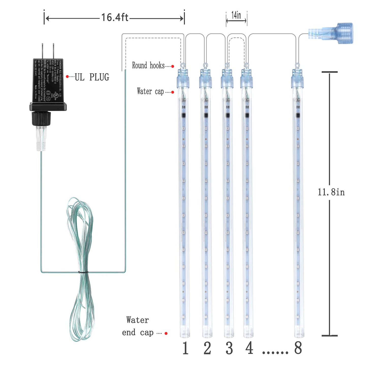 Kwaiffeo Led Meteor Shower Lights - 8 Tubes, 30Cm, White, Snow Falling Icicle Lights For Christmas Tree & Wedding Decor