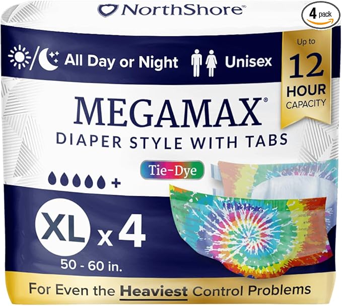 NorthShore MegaMax Adult Overnight Diapers, 12-Hour Tab-Style, X-Large, 4 Count Starter Pack, Tie-Dye, 50-60 inches, Unisex Incontinence Underwear