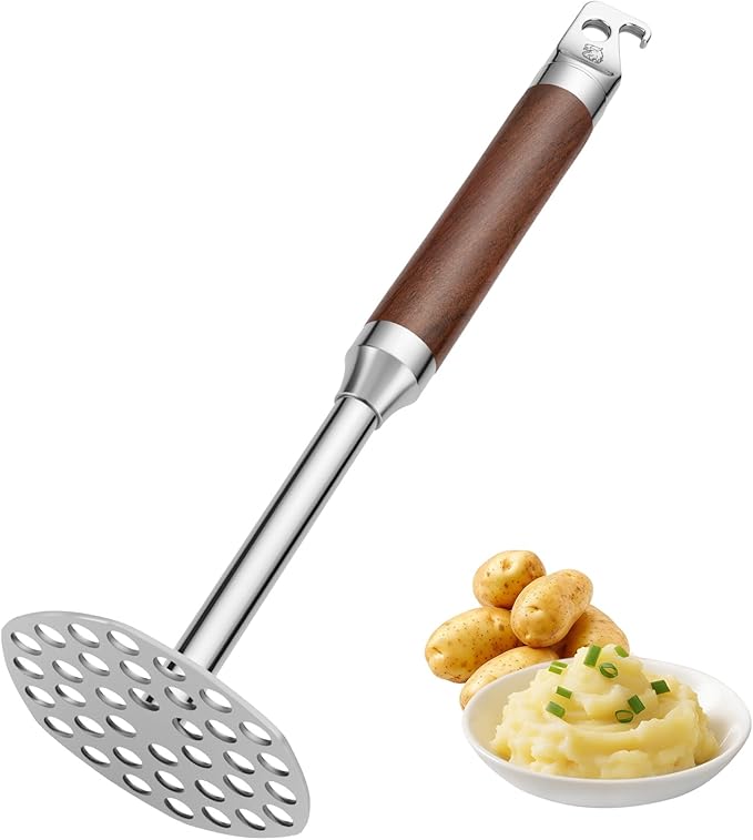 Stainless Steel Potato Masher with Solid Wood Handle, Multifunctional Food Masher with Bottle Opener Hook, Durable 10.4 inch Kitchen Tool for Potato, Veggie, Fruit, Avocado