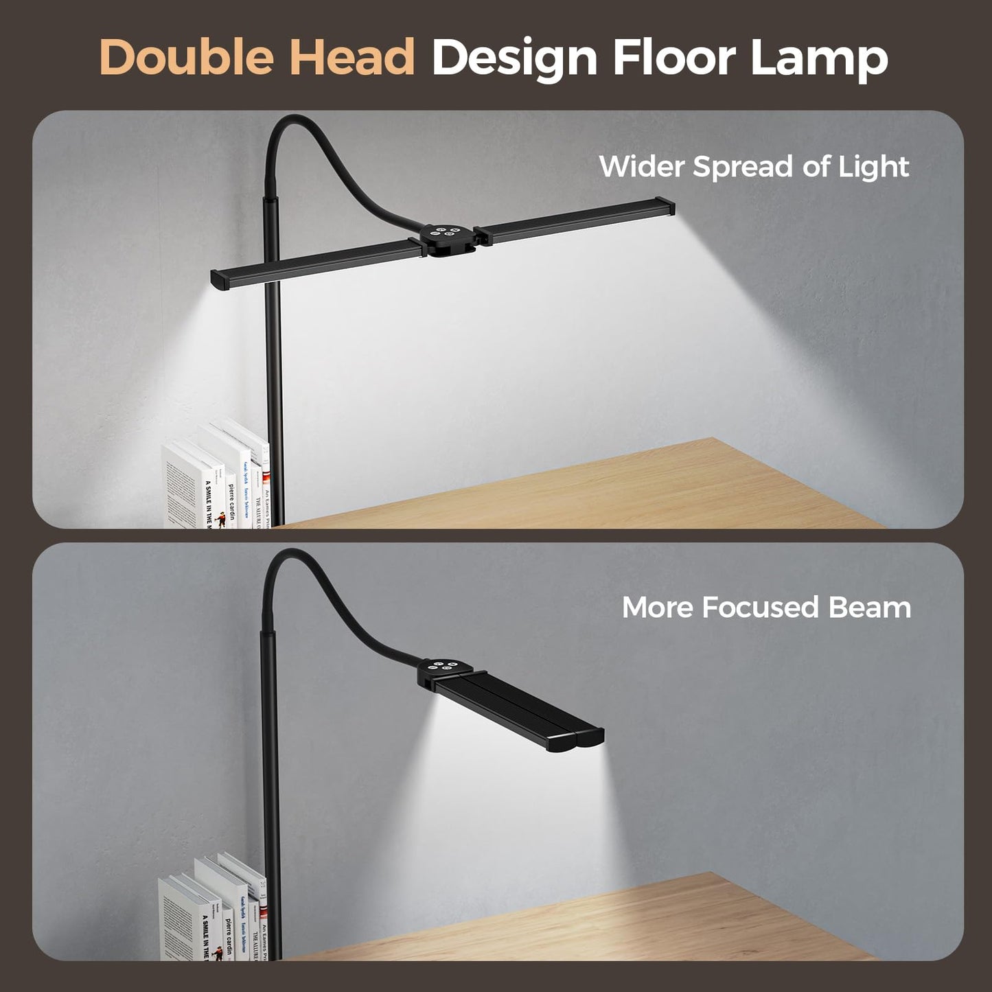VrimNowit LED Floor Lamp - Adjustable Color Temperatures & Brightness, Dual Head Gooseneck, Remote Control, Black, Model V-FL-ST06