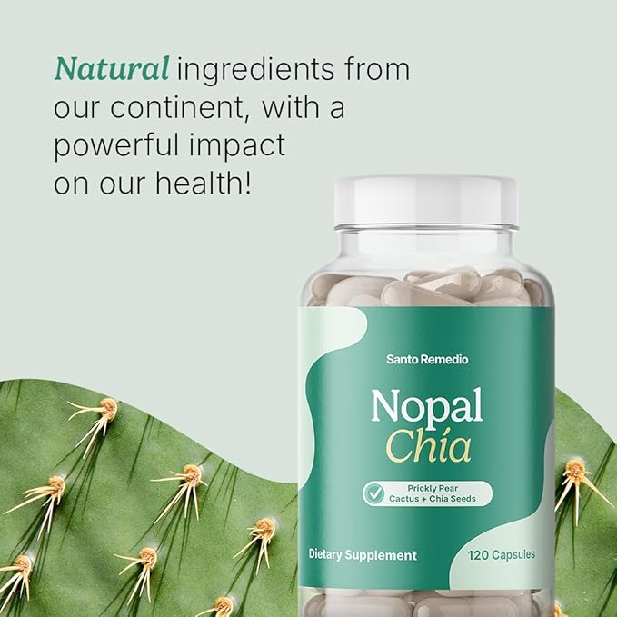 Santo Remedio Nopal Chia, Prickly Pear Cactus and Chia Powder Dietary Supplement, Clinically Proven Ingredients, Gluten Free, Non-GMO, No Added Sugar, 120 Capsules, 60 Servings Per Container