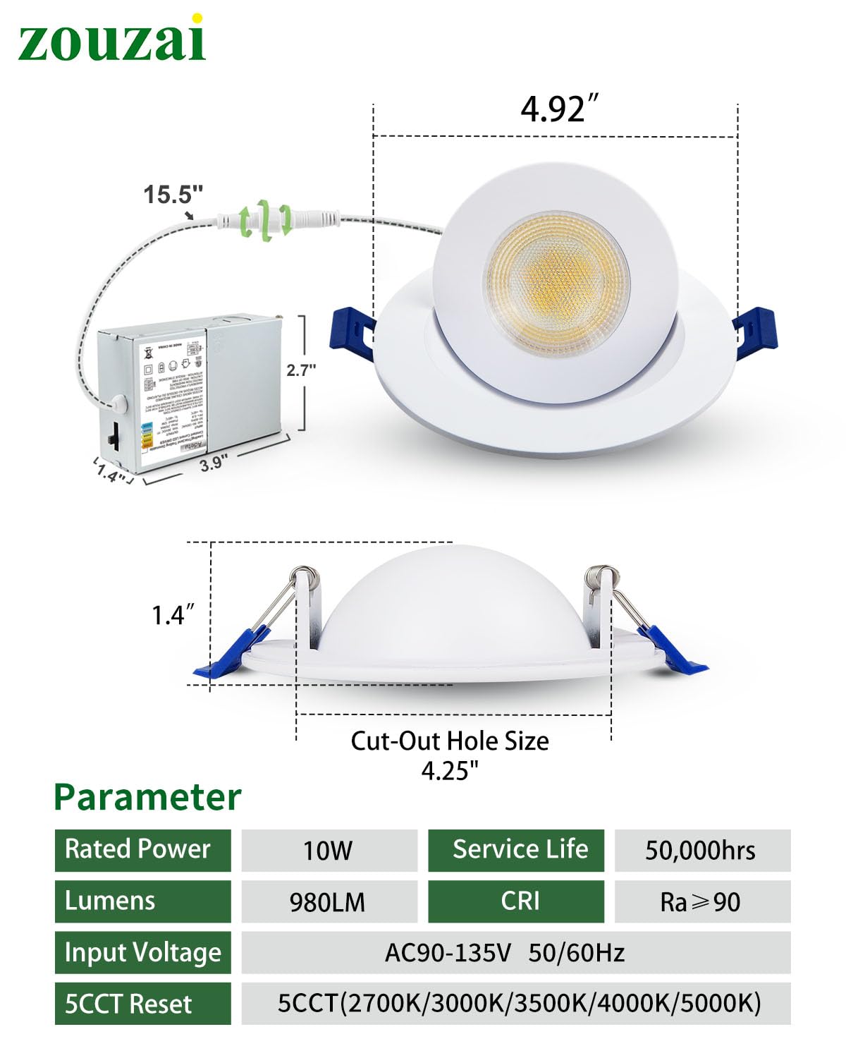 Zouzai 4 Inch 5Cct Gimbal Led Recessed Lights  360+90 Adjustable Directional Recessed Lighting  2700K/3000K/3500K/4000K/5000K Dimmable Retrofit Eyeball Can Lights With Jbox  Etl(White  6 Pack)