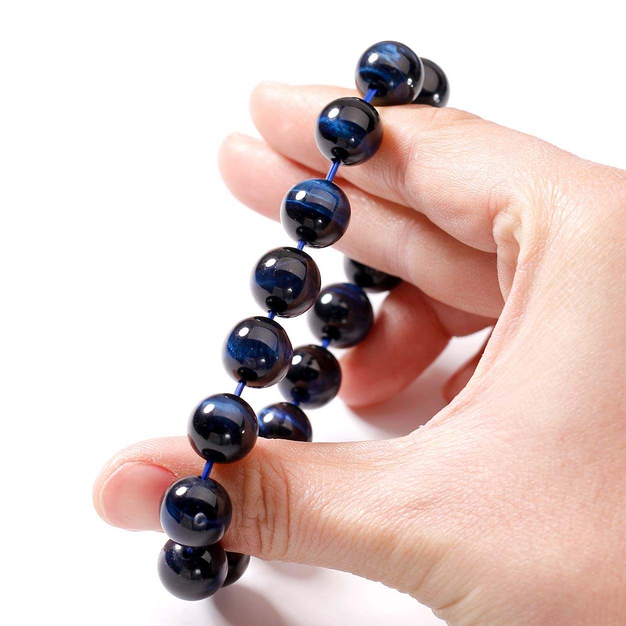 Jewever Original Natural Blue Tiger Eye Gemstone 12mm Smooth Round Beads Stretch Unisex