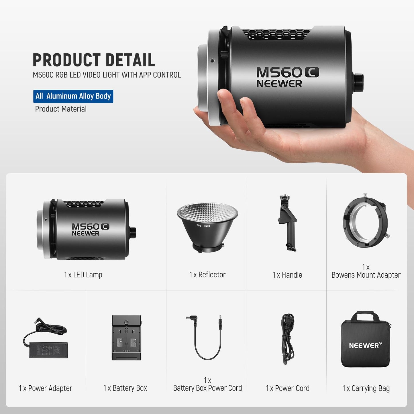 NEEWER MS60C RGBWW LED Video Light with 2.4G/APP Control, 65W Metal Mini RGB COB Continuous Output Lighting Bowens Mount Handheld Spotlight 2700K-6500K,8300lux/1m, CRI 97+/TLCI 98+,17 Effects + RGBCW