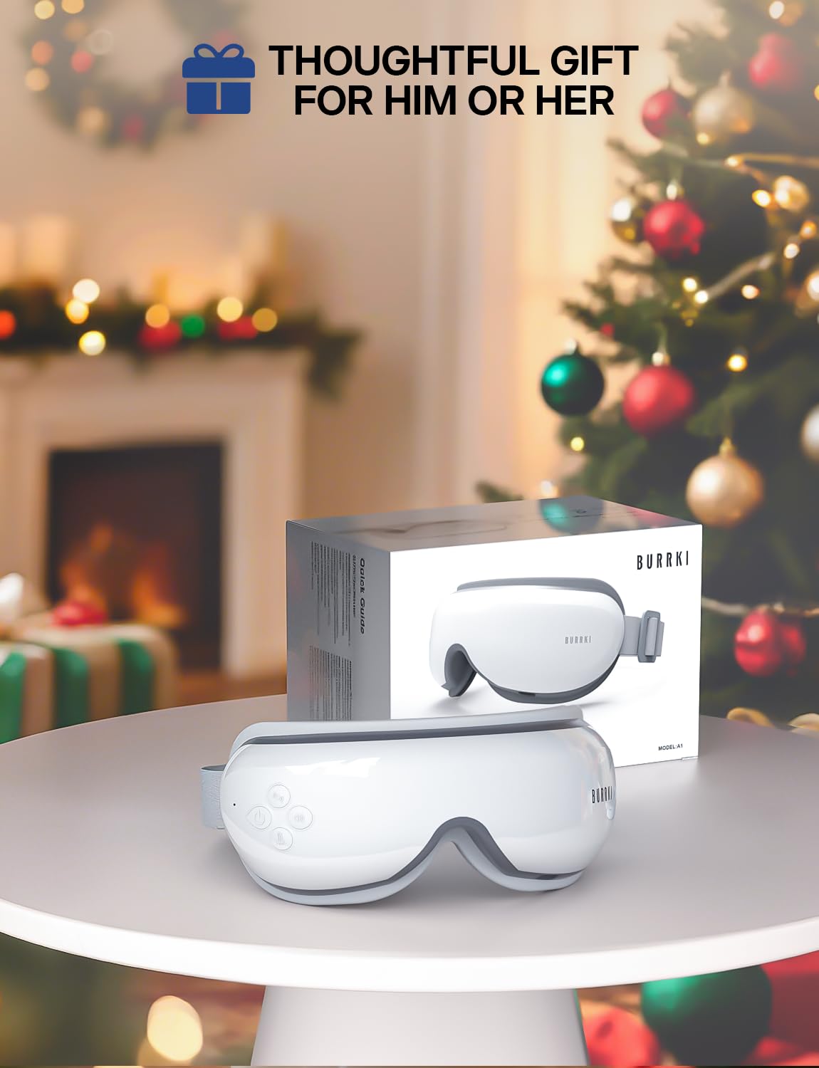 Burrki Eye Massager with Heat, Christmas Birthday Gifts for Mom Dad Her Him, Heated Eye Massager for Migraines with Compression and Bluetooth, Reduce Eyes Strain, Dark Circles and Improve Sleep