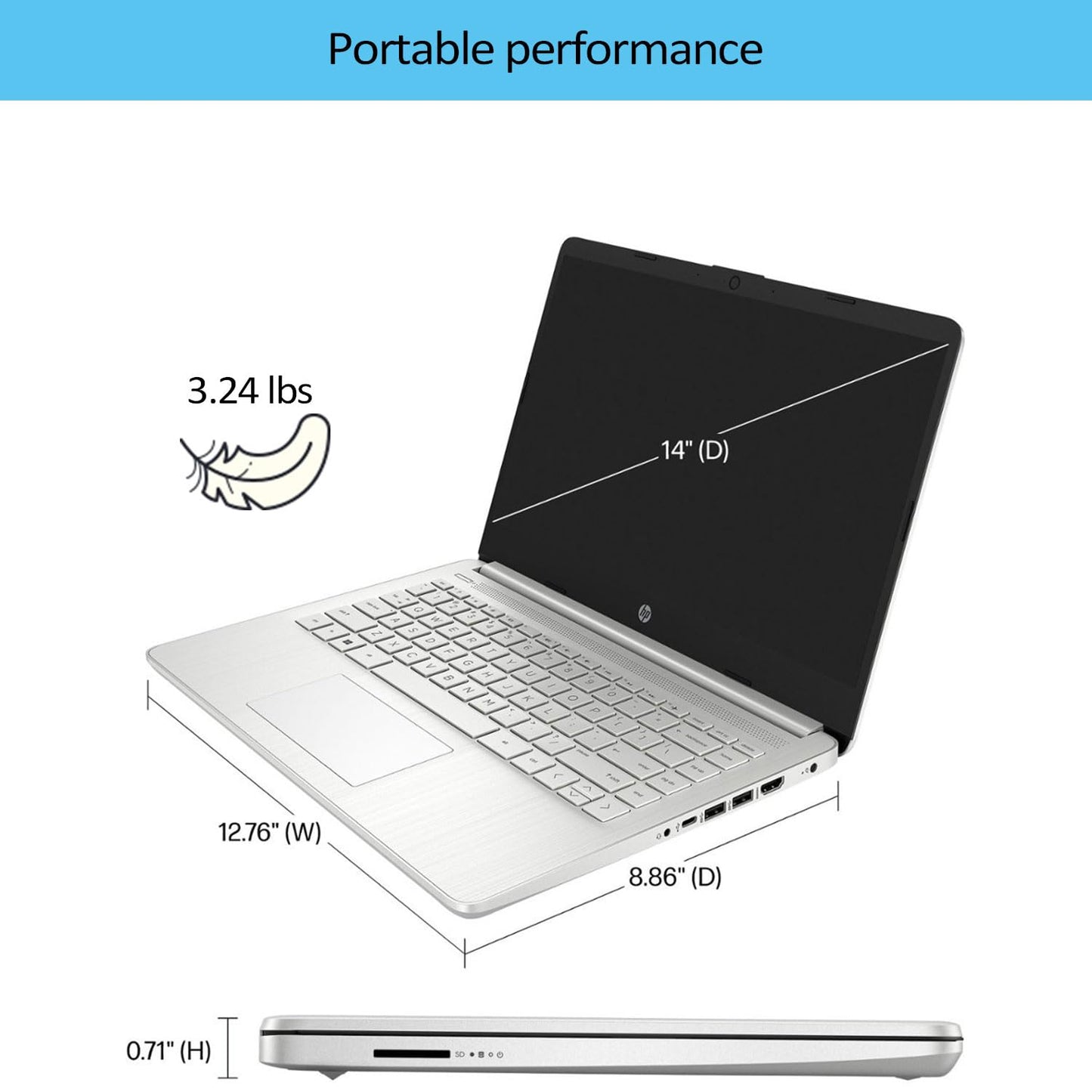 Hp Portable Laptop, 14 Hd Display, Intel Quad-Core (4 Core) Processor, 8Gb Ram, 128Gb Ssd, Webcam, Hdmi, Sd Card Reader, Wi-Fi,
