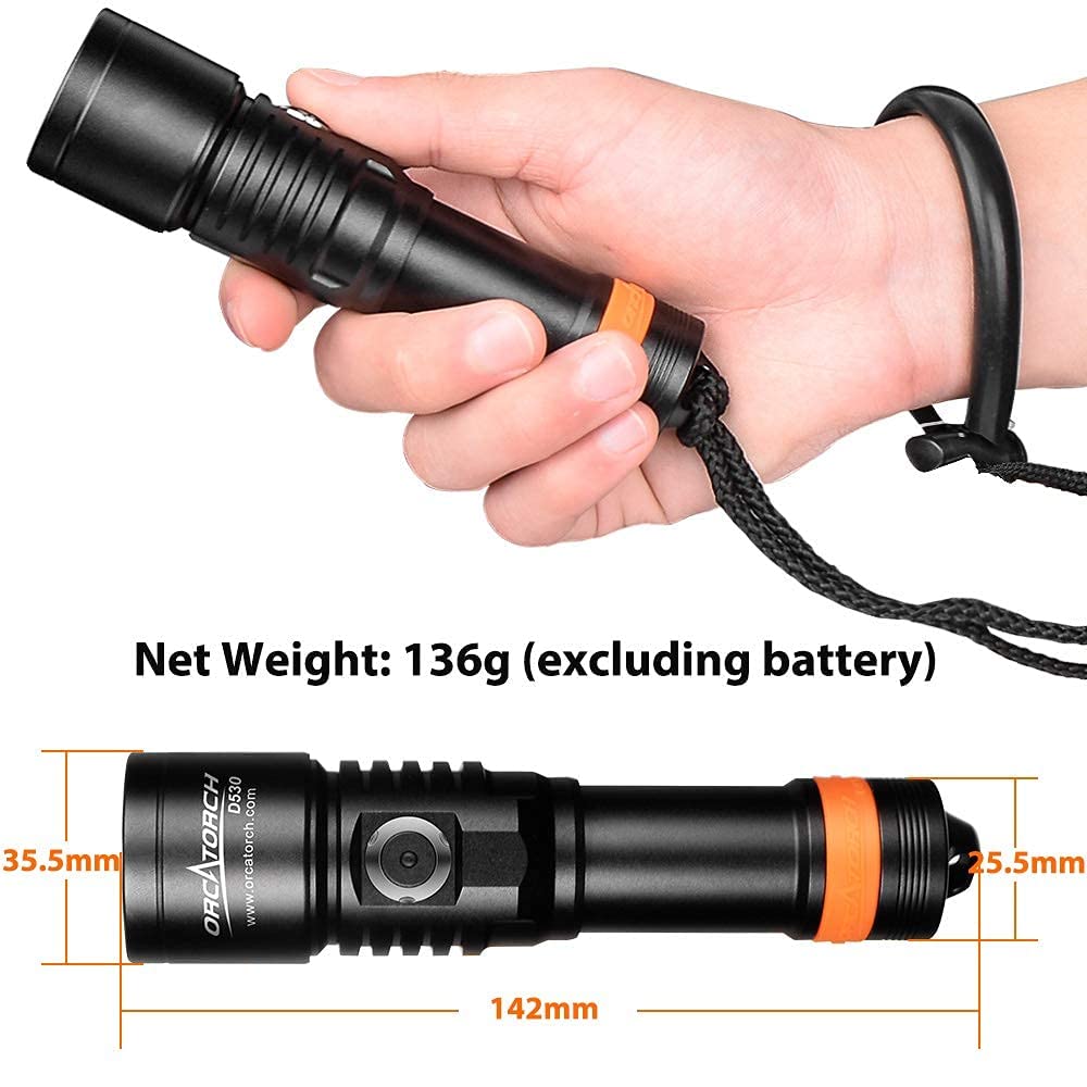 Orcatorch D530 Scuba Dive Light  1200 Lumens  7 Degrees Narrow Beam Angle  Titanium Alloy Side Button Switch  2 Lighting Modes  With Battery Indicator For Deep Sea Cave (5500K Warm White Light