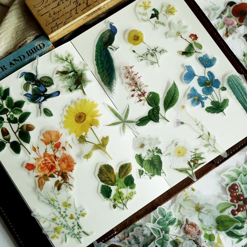Vintage Vellum Stickers Floral Plants Elements Scrapbooking Supplies Flowers Botanic Natural Translucent Paper Self-Adhesive Junk-Journal Items (Bird Patterns)