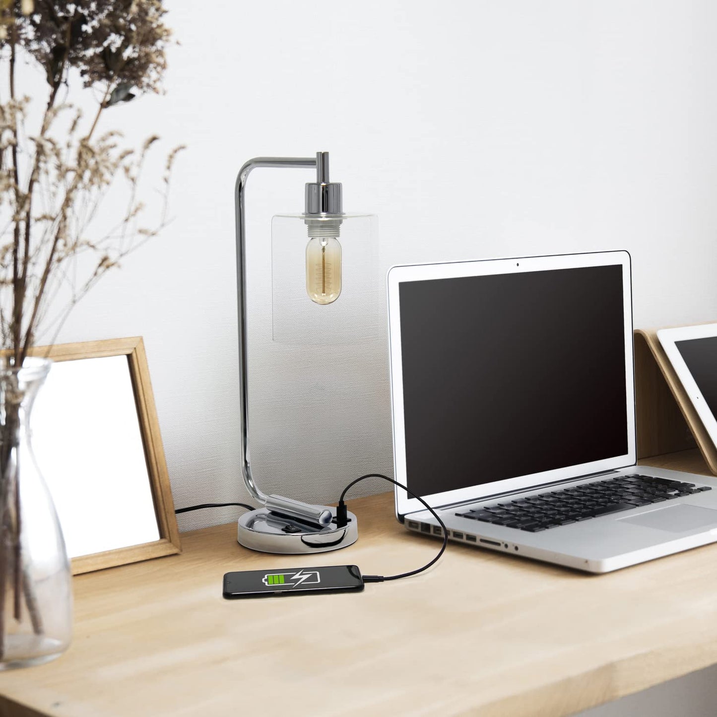Simple Designs Industrial Iron Lantern Desk Lamp with Dual USB Ports, Chrome, Model LD1066-CHR, USB-No Bulb