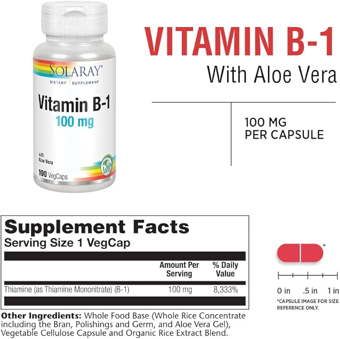 SOLARAY Vitamin B-1 100 mg | Healthy Energy Metabolism, Skin, Brain, Heart & Nervous System Support | 100 VegCaps
